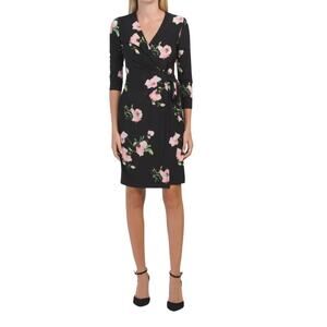 NWT Anne Klein Faux Wrap Black Floral Workwear Dress Size 10